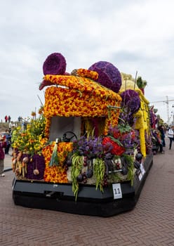 Noordwijk, Netherlands - April 22, 2023: Spectacular flower covered floats in the Bloemencorso Bollenstreek the annual spring flower parade from Noordwijk to Haarlem in the Netherlands.