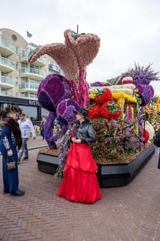 Noordwijk, Netherlands - April 22, 2023: Spectacular flower covered floats in the Bloemencorso Bollenstreek the annual spring flower parade from Noordwijk to Haarlem in the Netherlands.