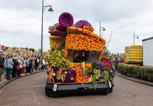 Noordwijk, Netherlands - April 22, 2023: Spectacular flower covered floats in the Bloemencorso Bollenstreek the annual spring flower parade from Noordwijk to Haarlem in the Netherlands.