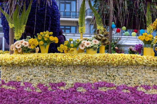 Noordwijk, Netherlands - April 22, 2023: Spectacular flower covered floats in the Bloemencorso Bollenstreek the annual spring flower parade from Noordwijk to Haarlem in the Netherlands.