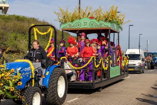 Noordwijk, Netherlands - April 22, 2023: Spectacular flower covered floats in the Bloemencorso Bollenstreek the annual spring flower parade from Noordwijk to Haarlem in the Netherlands.