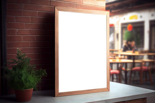 Mockup label, blank menu frame in Bar restaurant. Stand for booklets with white sheets paper on wooden table cafeteria blurred background