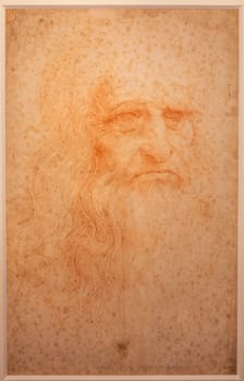 Turin, Italy - April, 2023: original Leonardo da Vinci portrait on handmade cotton paper, Royal Library