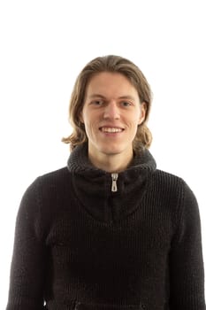 Young man with long hair on white background