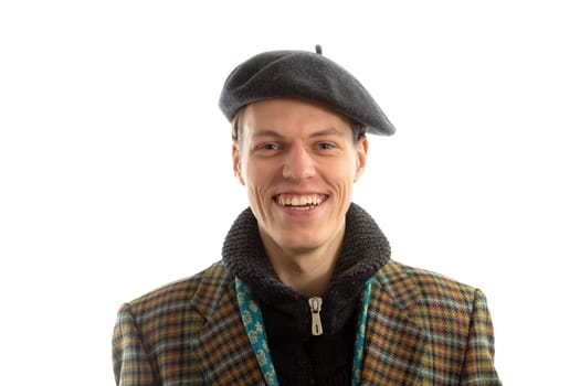 Young artist with beret on a white background