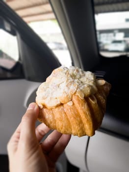 Mouthwatering french almond croissant pastry, stock photo