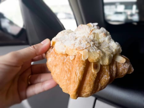 Mouthwatering french almond croissant pastry, stock photo