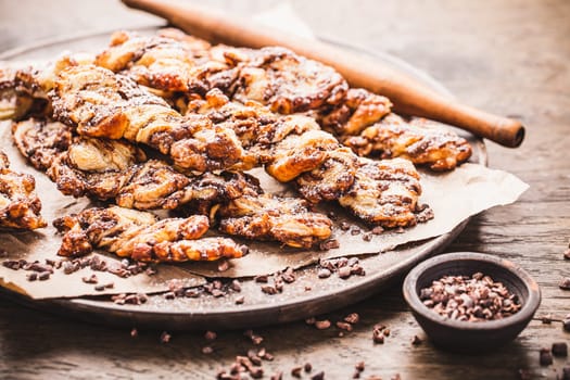 Homemade puff pastry with chocolate filling, breakfast and brunch concept