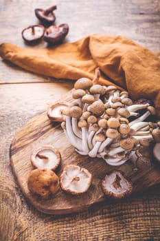 Raw brown shimeji mushrooms and shiitake on cutting board, edible mushrooms