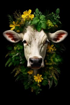 A white cow portrait with plants and flowers. Domestic animal with floral wreath on black background. AI generated.