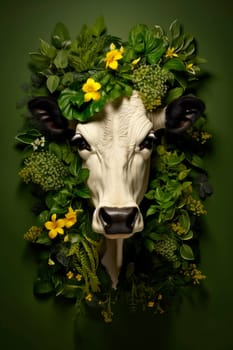 A cow portrait with plants and flowers. Domestic animal and floral background. AI generated.