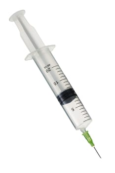 A medical syringe 20cc inclined on white with clipping path