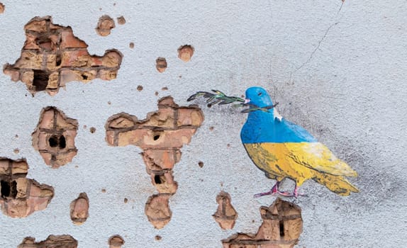 Shelled wall with a drawing of a dove in the colors of the flag of ukraine, blue and yellow. The dove is a symbol of purity, light, peace, love, the human soul. Ukraine, Kyiv - May 06, 2023