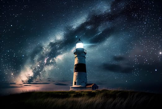 Lighthouse against the background of the starry sky. Generative AI design