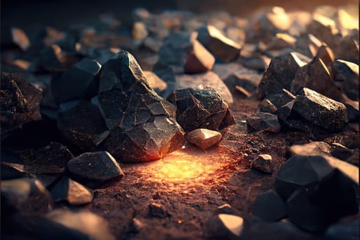 The surface of the earth in close-up with stones and glow light. Generative AI design