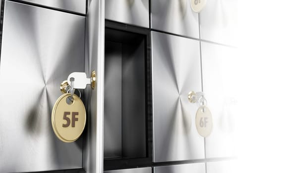 Safe deposit boxes with keys. 3D illustration.