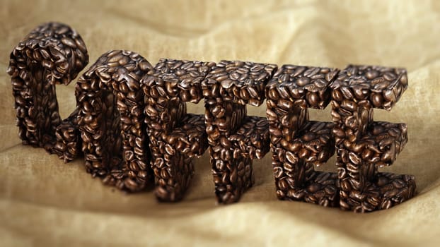Coffee word consisting of roasted coffee beans standing on sack texture. 3D illustration.