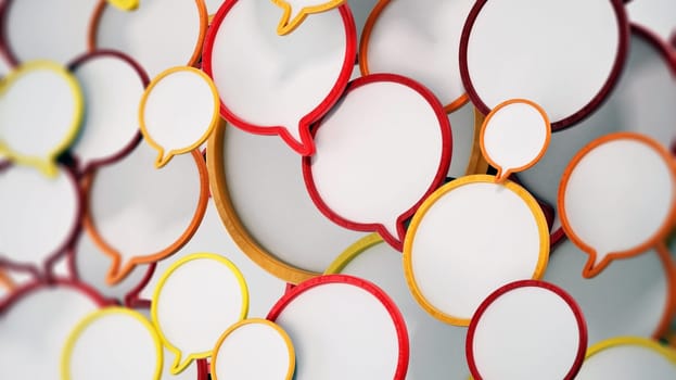 Red, yellow, and orange speech balloons forming a background. 3D illustration.