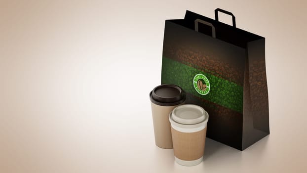 Take away coffee cup and paper bag isolated on white. 3D illustration.