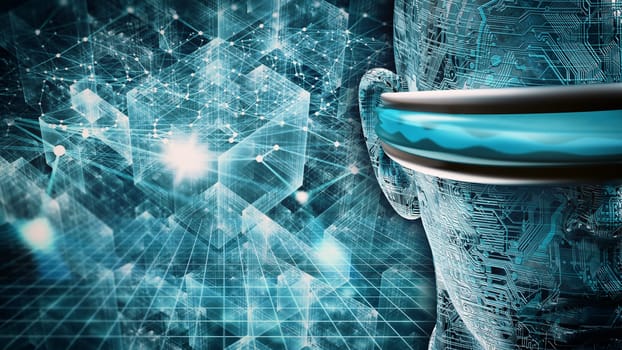 Head wearing virtual reality glasses against cyber technology background. 3D illustration.