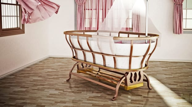 Classic style baby crib standing at the center of the room. 3D illustration.
