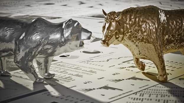 Bear and bull figures on economy newspaper pages. 3D illustration.