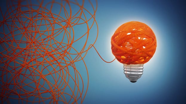 Tangled rope forming a lightbulb on blue background. 3D illustration.
