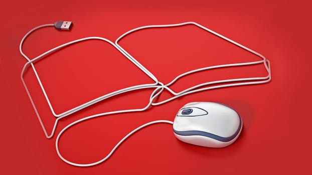 Mouse cable formes a book shape. 3D illustration.