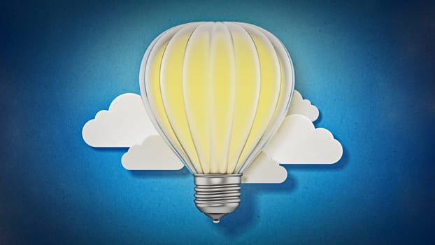 Lightbulb balloon flying among the clouds. 3D illustration.