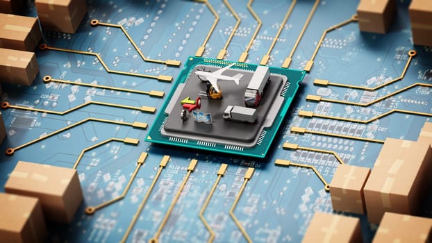 Large group of cardboard boxes connected to microchip. 3D illustration.
