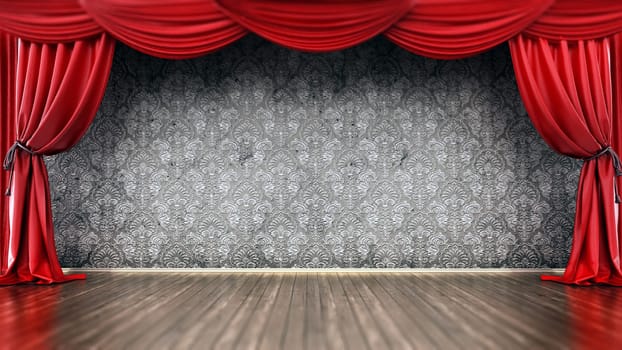 Theater stage with red curtain and parquet ground. 3D illustration.