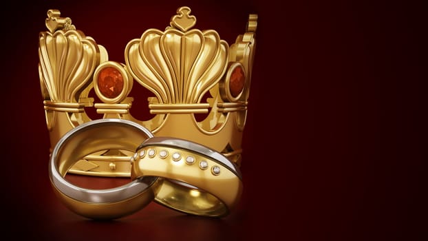 Royal wedding concept with crown and wedding rings. 3D illustration.