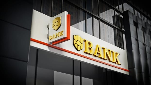 Bank signboard with fictitious logo on building exterior. 3D illustration.