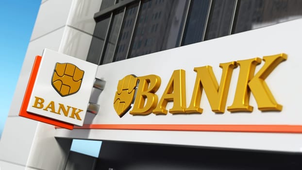 Bank signboard with fictitious logo on building exterior. 3D illustration.