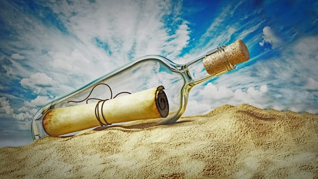 Message in a bottle standing on the beach sand. 3D illustration.