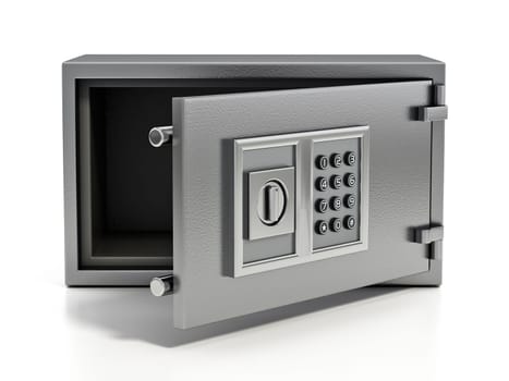Open wall safe with digital keypad isolated on white background. 3D illustration.
