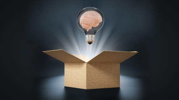 Brain in lightbulb coming out of the box. 3D illustration.