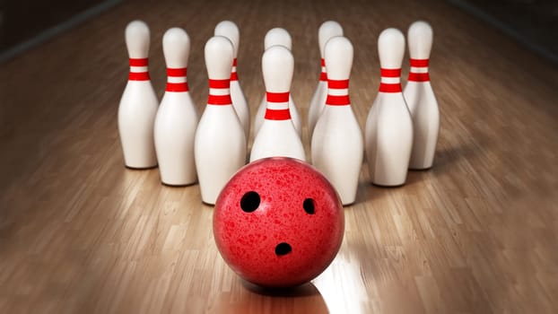 Bowling pins and red bowling ball standing on wooden surface. 3D illustration.