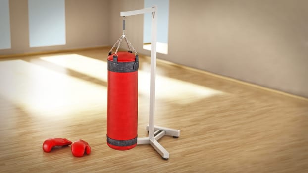 Boxing sandbag hanging on the chain inside a room. 3D illustration.