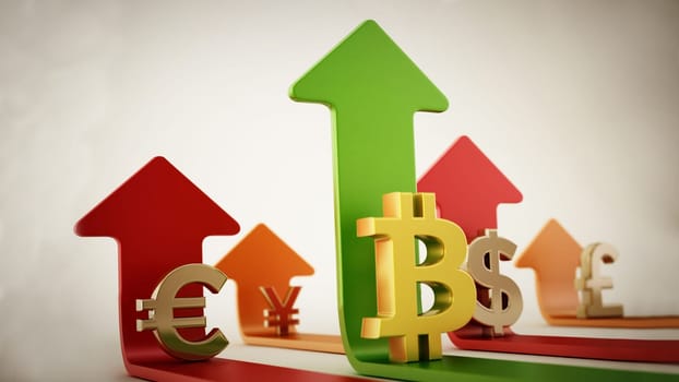 Bitcoin, dollar, euro, yen and pound symbols on rising arrows