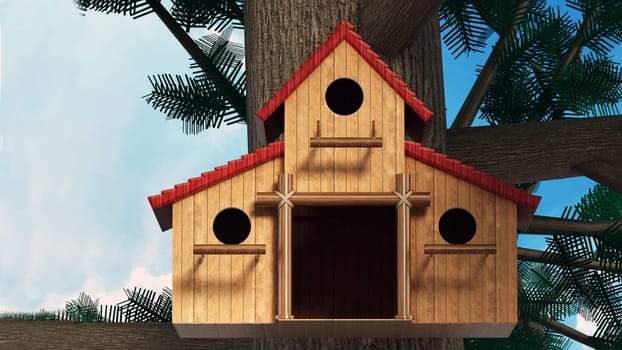 Birdhouse standing on the tree. 3D illustration.