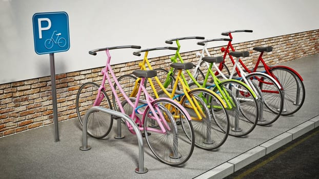 Colorful bicycles in bicycle parking area. 3D illustration.