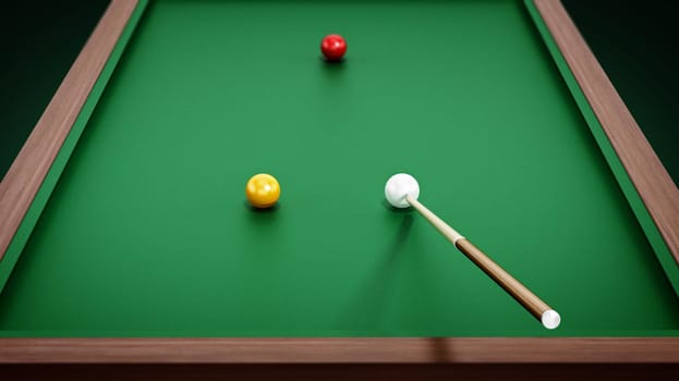 Billiards table, balls and cue. 3D illustration.