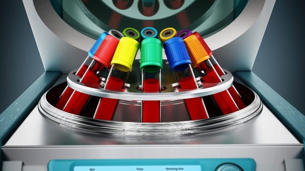 Blood centrifuge machine with test tubes full of blood samples. 3D illustration.