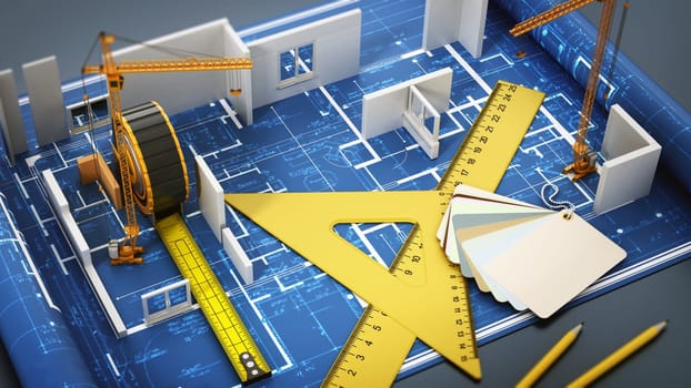 House construction project. 3D illustration.