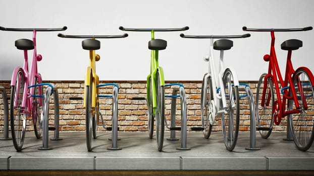 Colorful bicycles in bicycle parking area. 3D illustration.