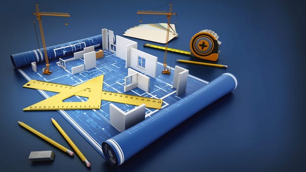 House construction project. 3D illustration.