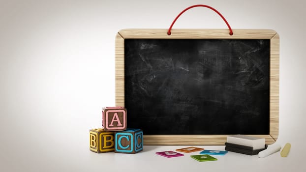 Toy blackboard, education cubes, two chalks and eraser isolated on white background. 3D illustration.