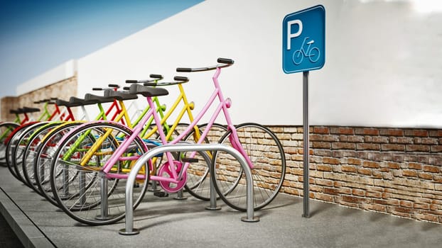 Colorful bicycles in bicycle parking area. 3D illustration.