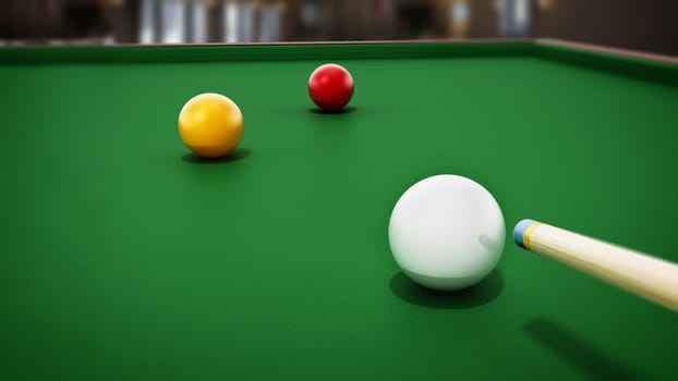 Billiards table, balls and cue. 3D illustration.